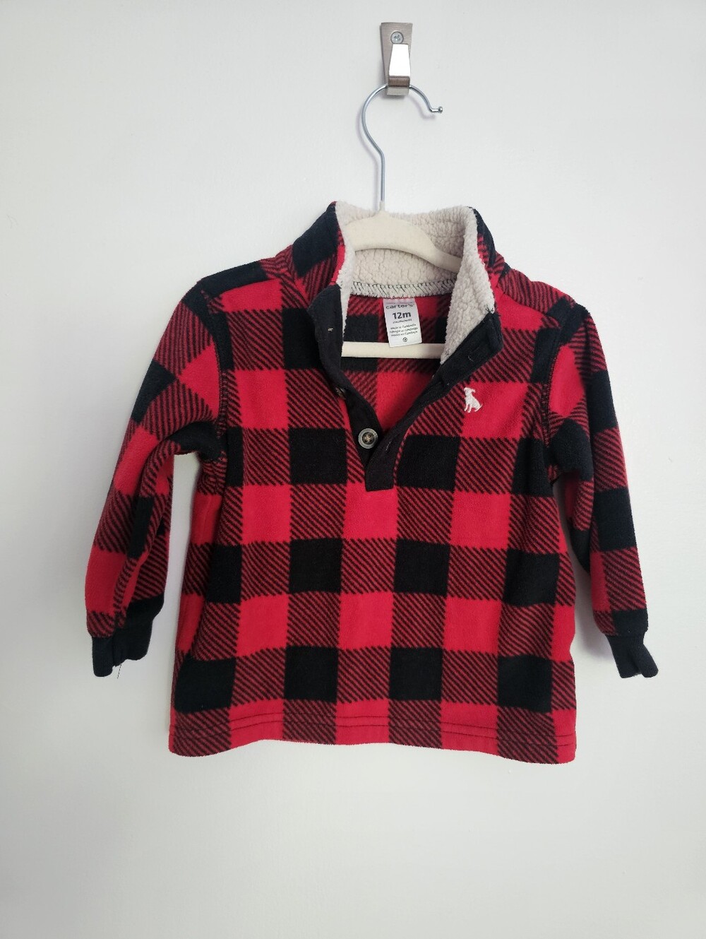 🧸4/20$ Carter's Buffalo Red Plaid Kids Sweater Sherpa Collar Fleece 12M Baby
